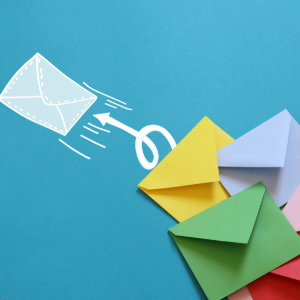 raphic of colourful envelopes in the bottom right corner. A squigly arrow points out from the group toward a single envelope that is being sent out from the group.
