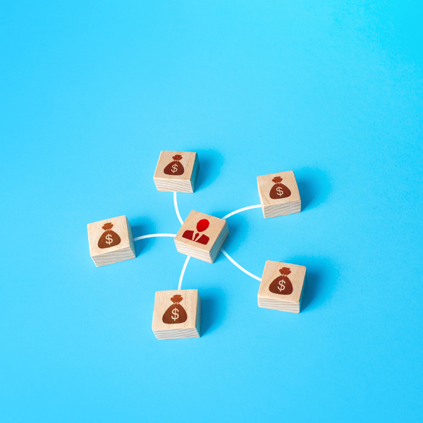 wooden square with charity face in middle surrounded by 5 wooden squares with money bag image