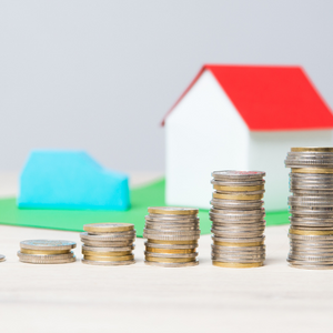 Picture of house with stacks of coins in front 