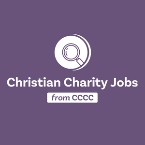 Purple square with the words Christian Charity Jobs from CCCC and image of magnifying glass 