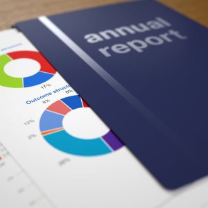 Close-up picture of a navy blue folder that says annual report