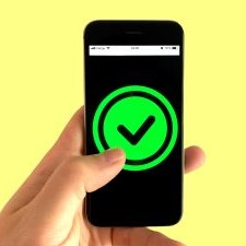 Hand holding a black smartphone on a yellow background; smartphone screen shows a large green circle with a black checkmark in the centre