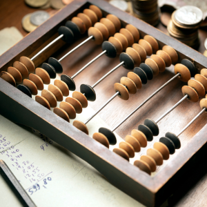 Picture of abacus with money in background and paper with dollar figures written on it