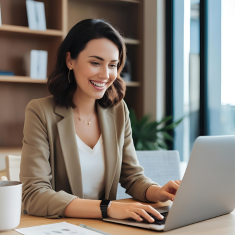 Smiling woman working on laptop