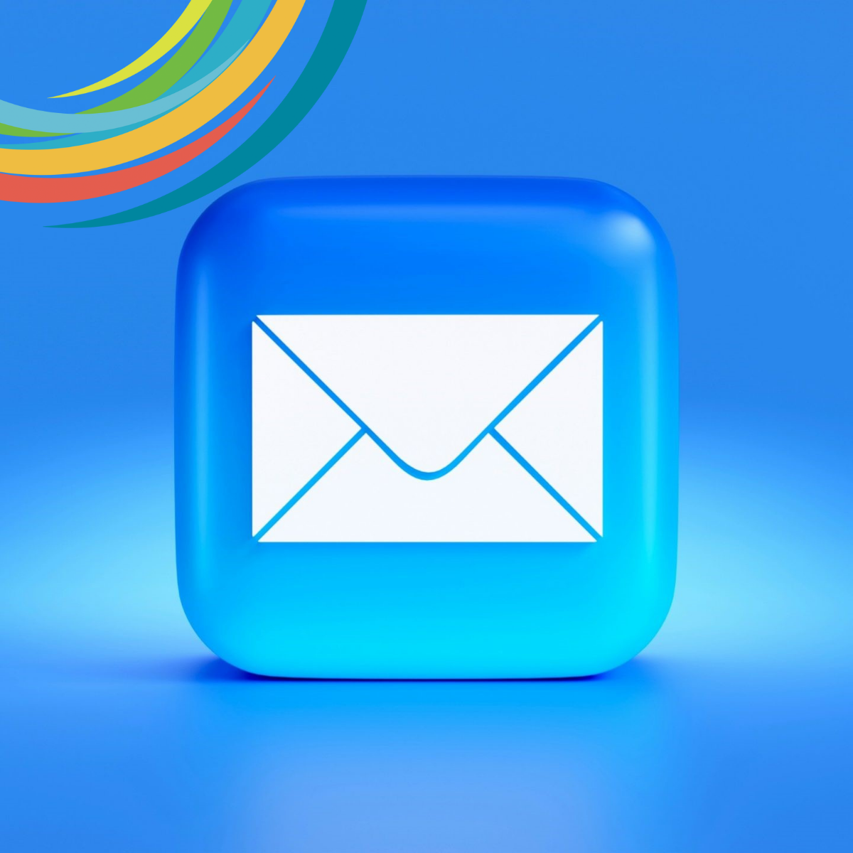 Blue button with a white envelope on the front; white light shining behind the blue button; on a blue background. Photo by Mariia Shalabaieva on Unsplash