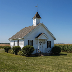 Picture of little white church on grassy lawn with cornfield in background