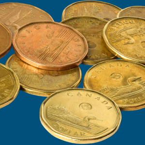Picture of a small pile of Canadian dollar loonies with blue background