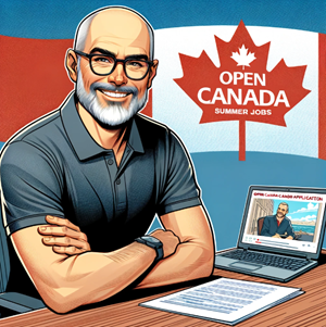 Man sitting at desk with laptop and papers and Canadian flag waving behind him with words Open Canada Summer Jobs