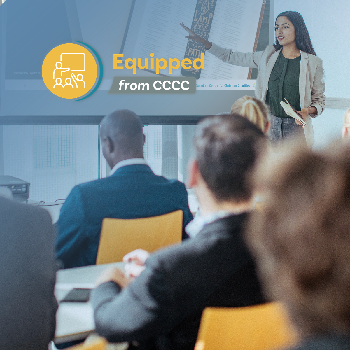 Equipped logo with woman in background teaching group of people