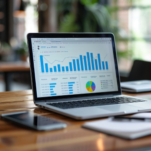 Picture of laptop on desk with picture of donation chart
