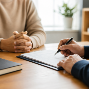 Two people sitting across a table - only their hands can be seen. One has folded hands, the other has a pen and paper.