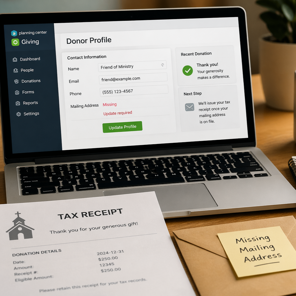 Picture of open laptop with Donor Profile webpage open and a paper tax receipt on desk