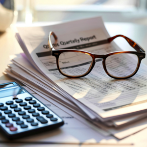 Picture of a desktop with calculator and stack of papers. Top paper reads Quarterly report and has a pair of glasses sitting on top.