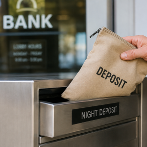 Person dropping deposit bag into Bank Night Deposit slot