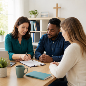 Two female colleagues and one male colleague sitting at table looking at paper on table