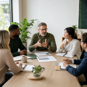 Group of colleagues around board room table in discussion