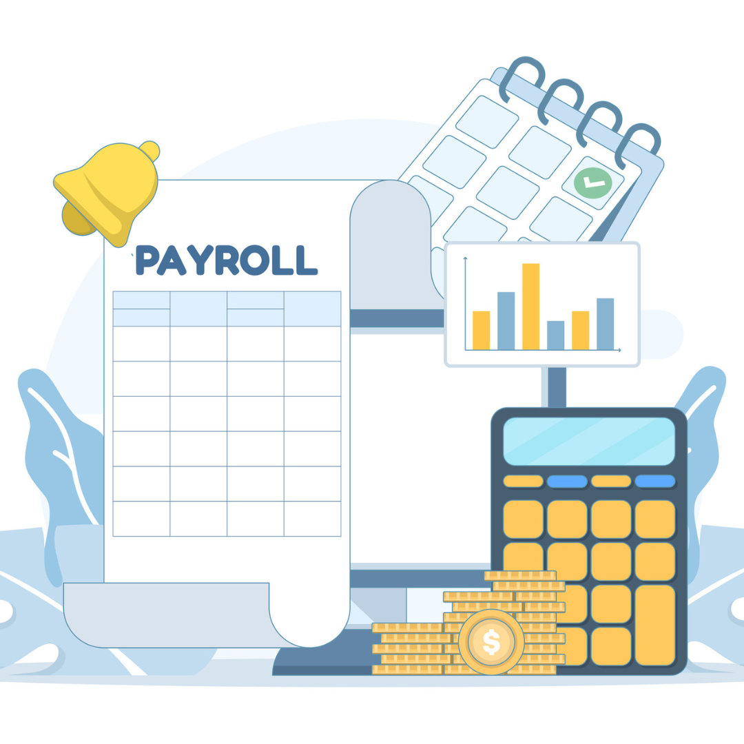 Drawing picture of charts, calculator, money and a calendar with word Payroll