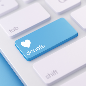 Picture of keyboard with white keys on it and one blue key that reads Donate