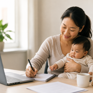 Mother holding her baby while sitting at table writing on notepad with laptop open