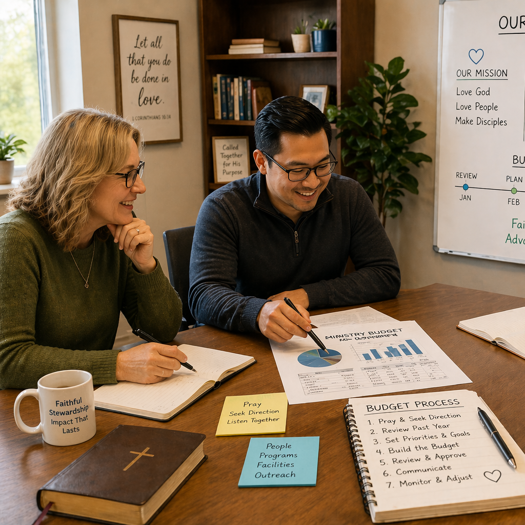 Male and female colleague smiling and looking at budget papers on meeting table