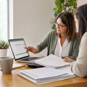 Two women sitting at table looking at laptop and papers