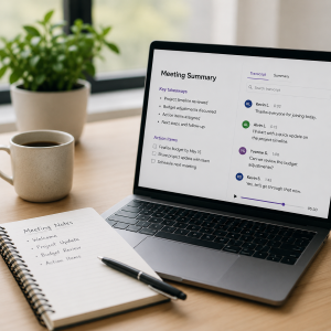 Picture of open laptop, notebook with pen, coffee mug and small plant on desk