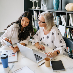 Picture of two women colleagues looking at computer