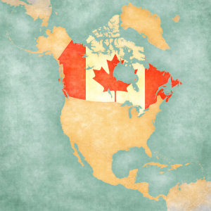 Picture of north america with Canada identified with Canadian flag