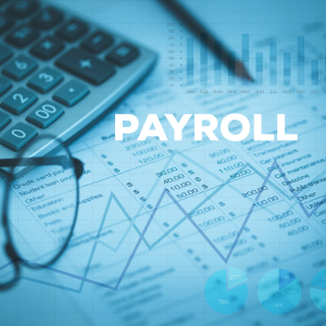 Picture of calculator, glasses, pencil and spreadsheets with word Payroll printed over images