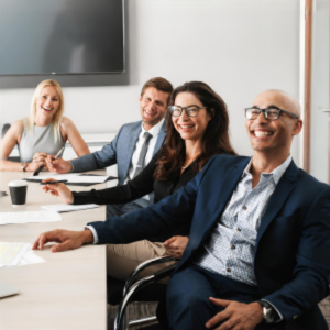 Picture of smiling board members around conference table