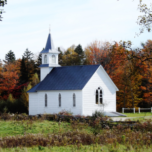 Picture of country church with trees in background with fall colours