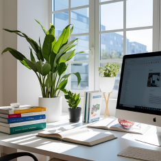 Desk with monitor, plants and books