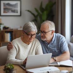 Picture of senior couple looking at a laptop screen. Man has his arm around woman.