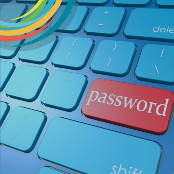 Blue laptop keyboard with one red key that reads password