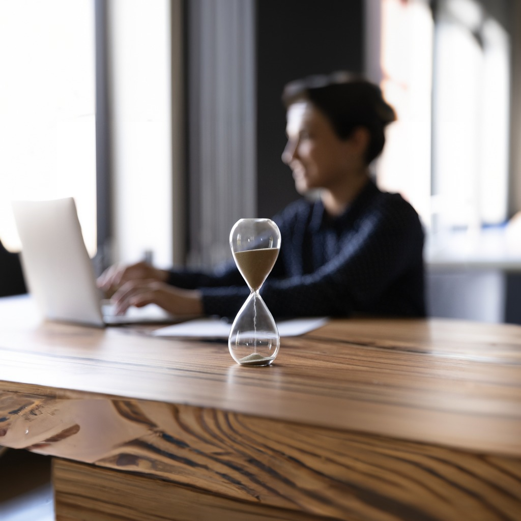 picture of man working on laptop with hourglass on table