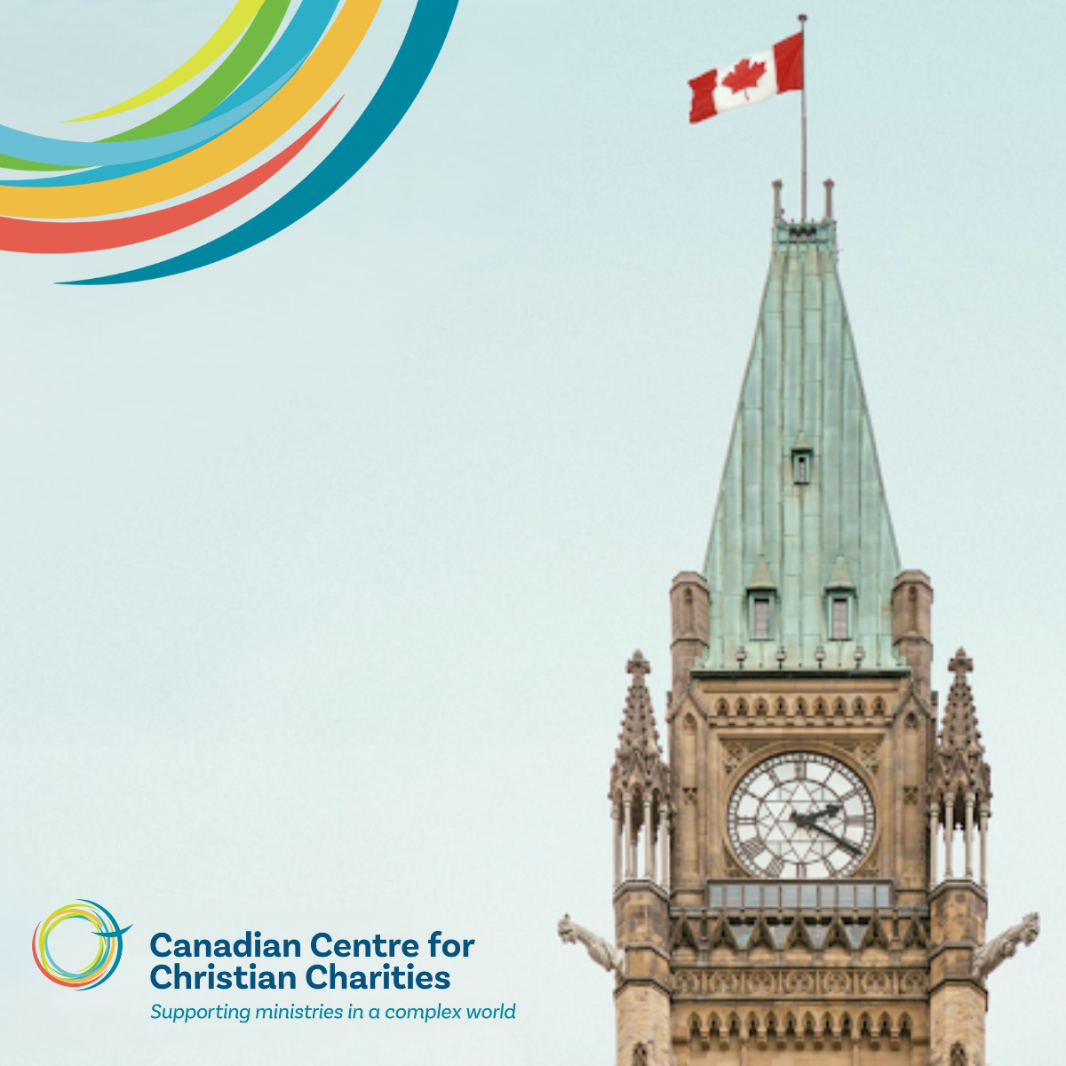 Top portion of the peace tower with a Canadian flag atop is pictured in the right third of the image. CCCC name and logo pictured in the bottom left. In the top left is an enlarged, but partial series of colourful arcs from CCCC logo