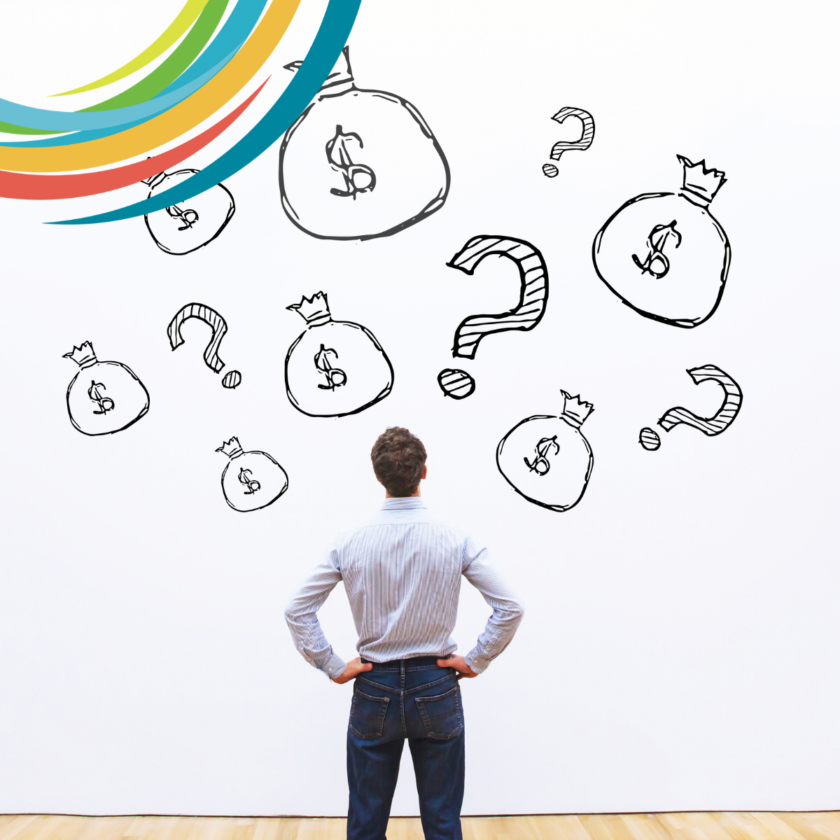 Man looking at wall that has question marks and money bags drawn on it