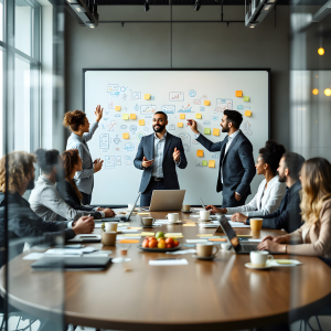 Group of colleagues sitting around board table with 3 people at front with white board full of writing and sticky notes