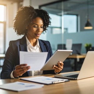 Business woman looking at laptop and papers at desk