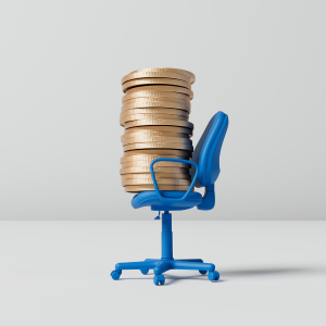 Picture of blue chair with gold coins stacked on the seat