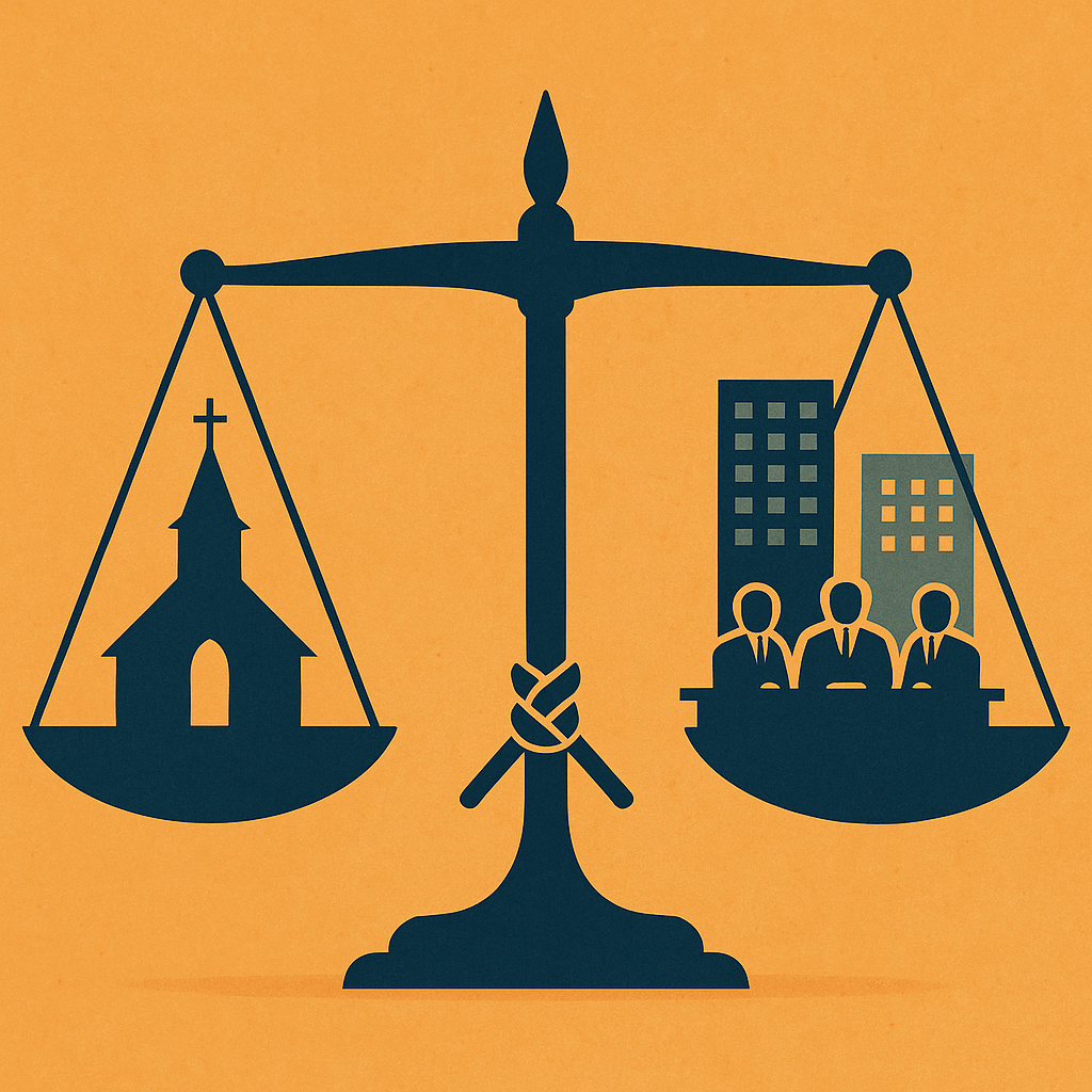 A stylized digital illustration of a balance scale set against a warm orange background. On the left pan is a dark blue silhouette of a traditional church with a steeple and cross, symbolizing ecclesiastical governance. On the right pan is a silhouette of a corporate boardroom with three suited figures seated at a table in front of tall office buildings, representing corporate governance. The scale is tied together with a central rope knot, emphasizing tension and equilibrium between the two sides.