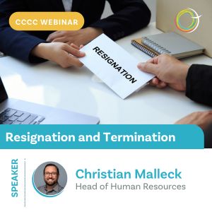 Promotional graphic for a CCCC webinar titled Resignation and Termination Webinar