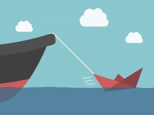 Small red paper boat hauling big metallic ship. Power, success, energy, motivation, achievement and potential concept. EPS 10 vector illustration, transparency used