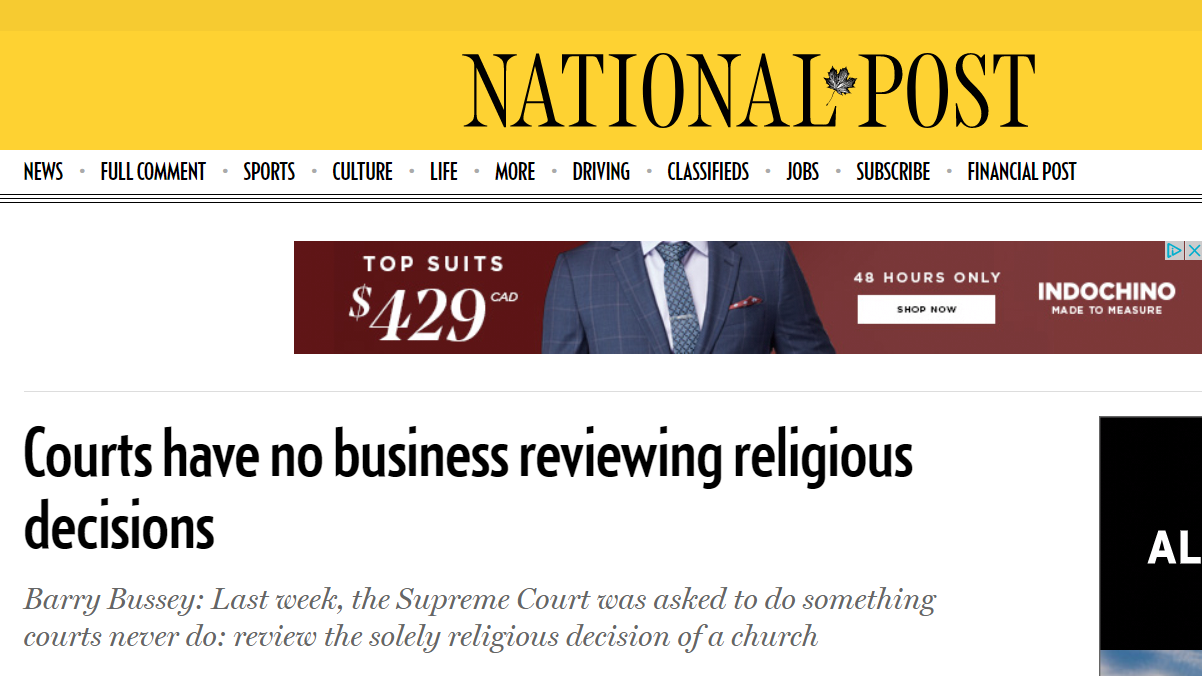 Bussey – National Post Op-Ed: Courts have no business reviewing religious decisions