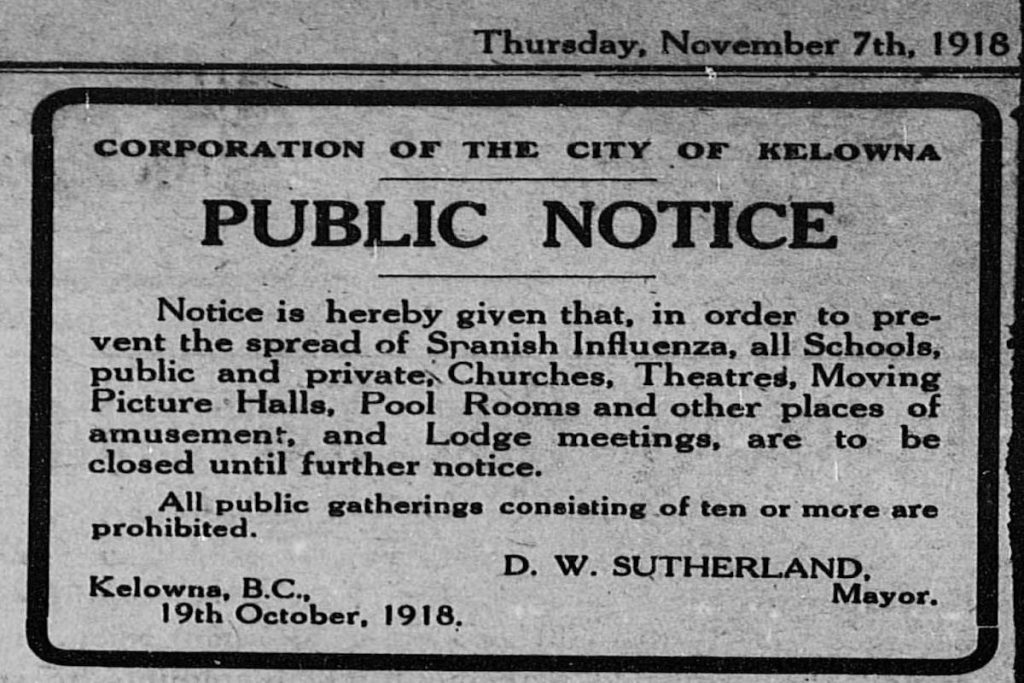 Public notice closing churches in Kelowna, BC in 1918 due to the Spanish Flu epidemic.