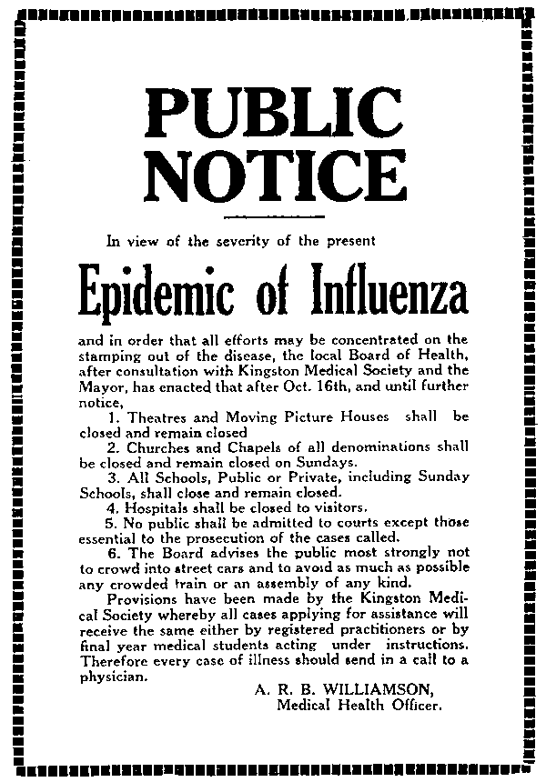 Public notice poster from 1918 closing churches due to the Spanish Flu epidemic
